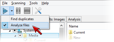 Screenshot: Switching to the file analysis mode