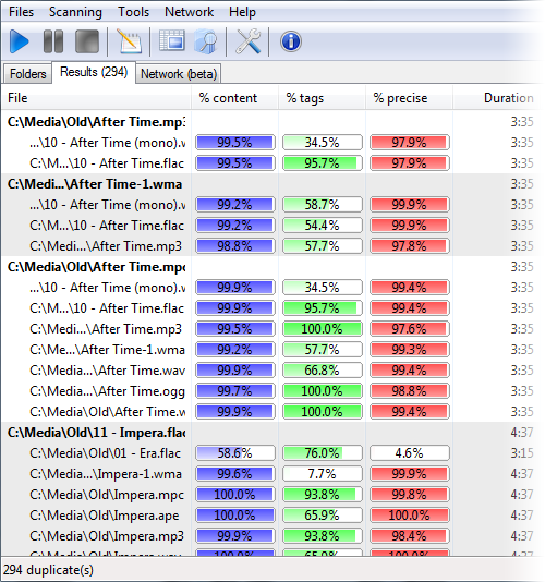 Screenshot: Results list