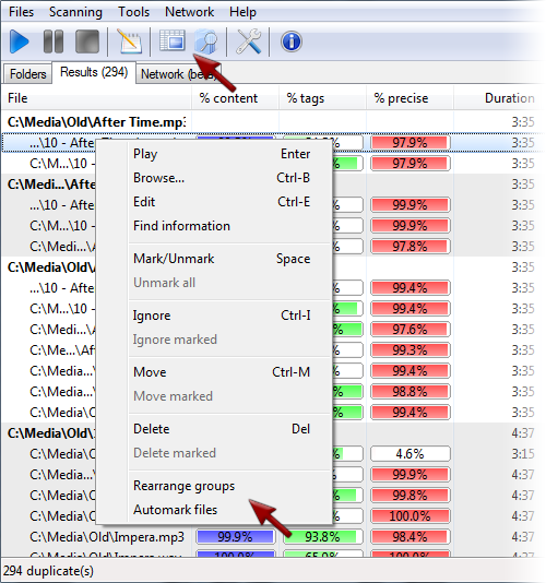 Screenshot: Rearrange groups and Automark files