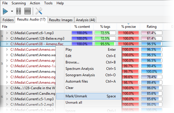 Screenshot: Marked files